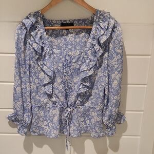 Blue Floral Ruffle Blouse | Size XS | Feminine Peplum Style